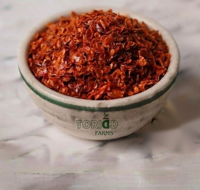 Bowl of dried scotch bonnet pepper flakes
